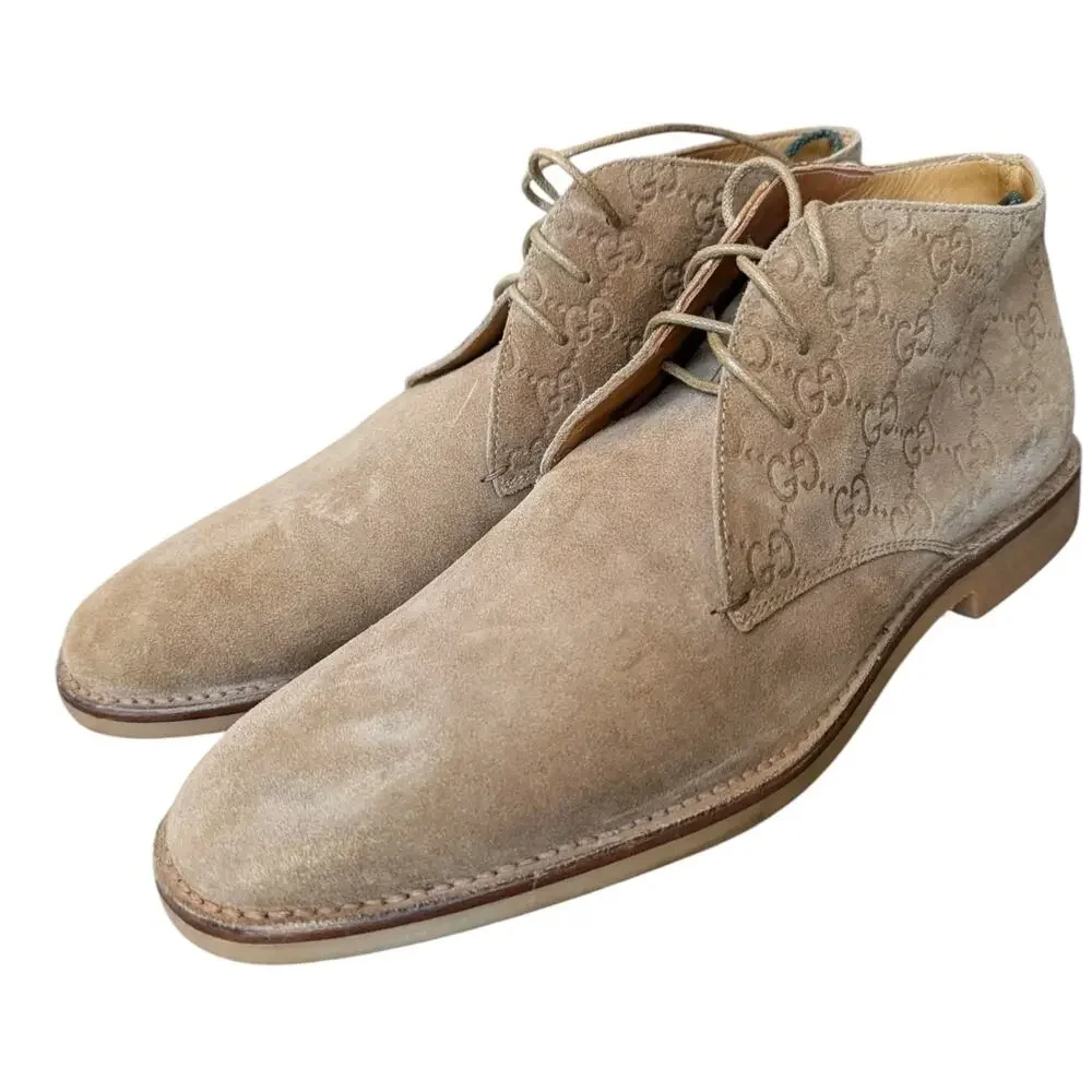 Gucci Antigua Ankle Boots Tan Suede GG Monogram Chukka Desert Mens 10 Italy